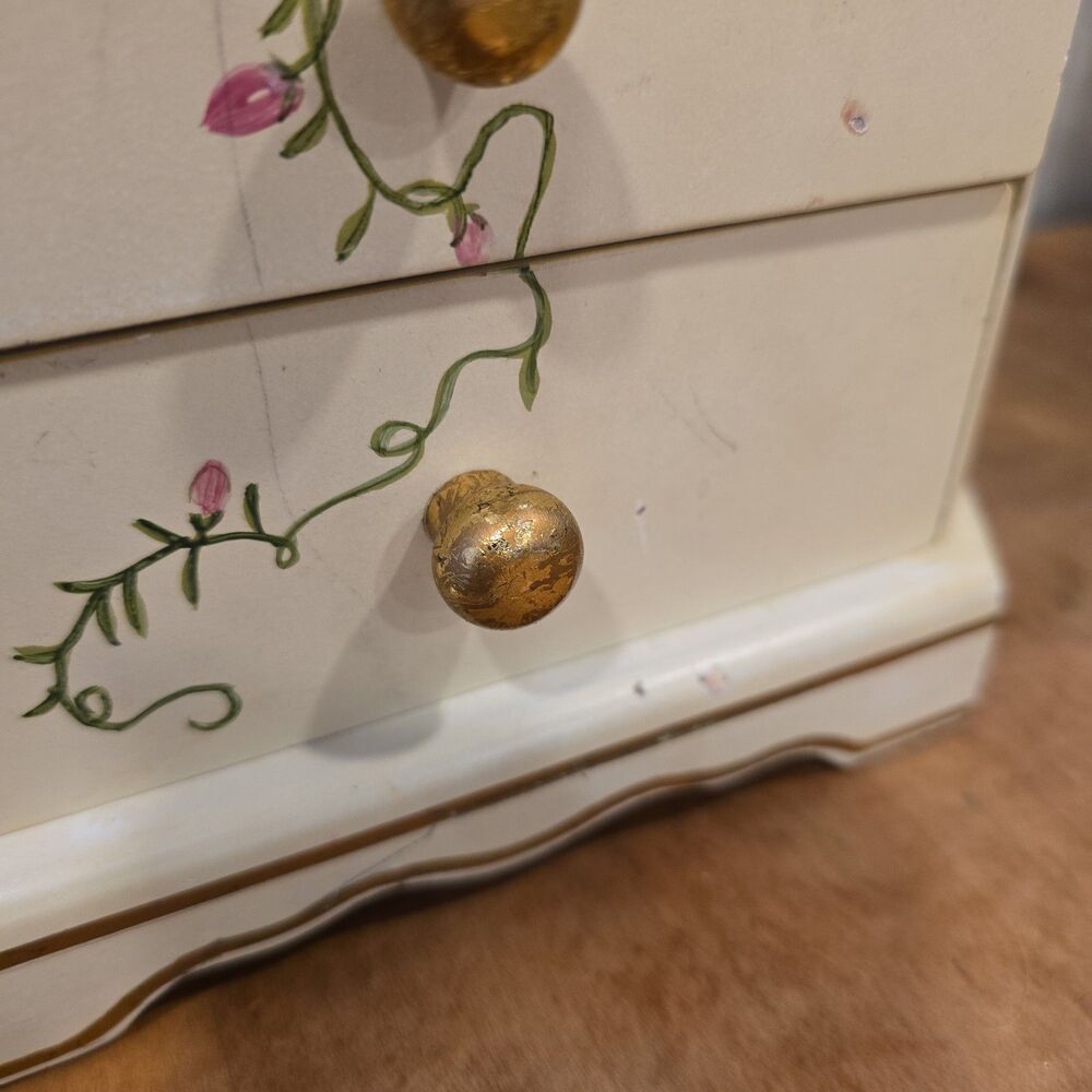 Vintage 4 Drawer Jewelry Box Roses & Ribbons Faux Wood Cottage Handpainted - Picture 6 of 10